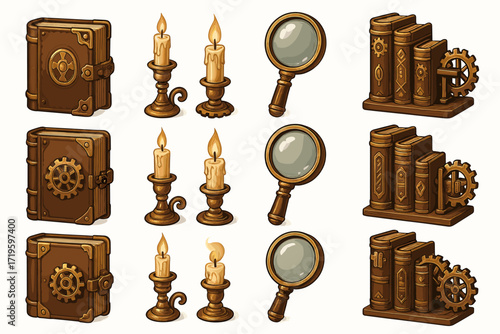 Vintage steampunk accessories: books, candles, and magnifying glasses