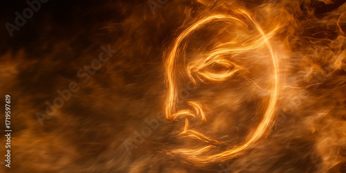 Abstract fiery face illustration in swirling flames.