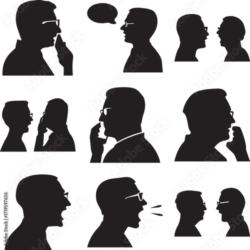 A collection of Black man talking, communication silhouette vector, black and white silhouette vector illustration