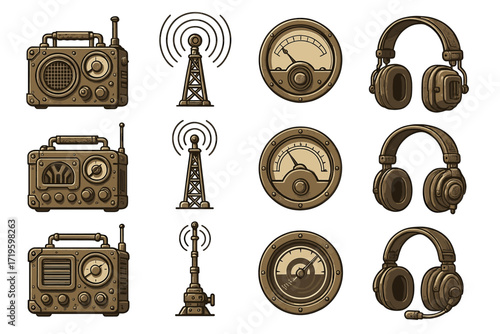 Vintage radios, antennas, gauges, and headphones with retro design elements