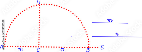 Geometric diagram showing a semicircle with labeled points, chords, and radii, useful for math, geometry lessons, theorems, and educational illustrations.
