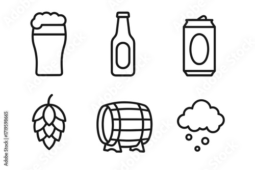 Beer icons set: pint glass, bottle, can, hop, barrel, cloud