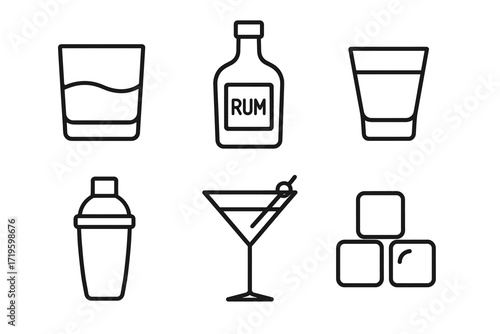 Simple alcohol icons: rum bottle, cocktail glass, ice cubes, shaker