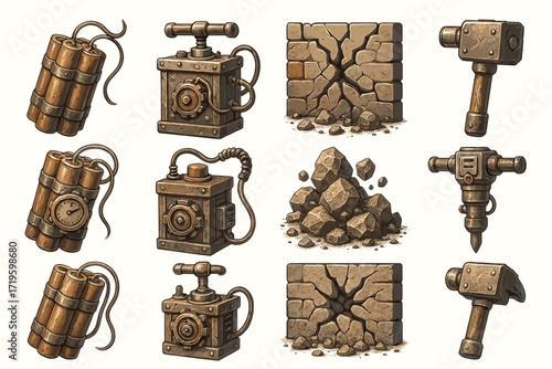 Steampunk explosives and tools collection with dynamite, detonators, and hammers