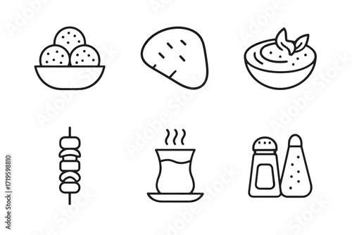 Line art: hummus, falafel, skewer, tea, pita, salt and pepper set