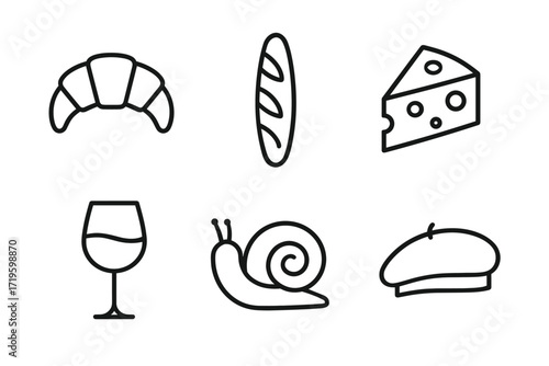 French culture icons: croissant, baguette, cheese, wine, snail, beret