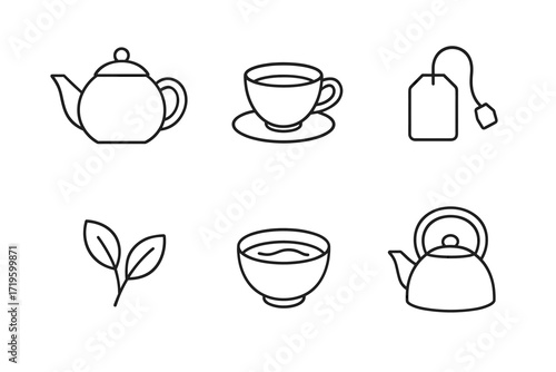 Minimalist tea icons: teapot, teacup, tea bag, leaves, bowl, kettle
