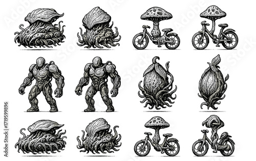 Biopunk transport icons featuring mutant creatures and futuristic bicycles