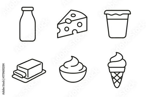 Outline illustrations of dairy products: milk, cheese, yogurt, butter, cream, ice cream cone