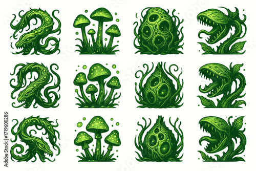 Fantasy green creatures and plants: dragon, mushrooms, eggs, carnivorous plant
