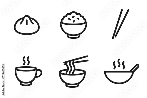 Minimalist line icons of asian food: dumpling, rice, chopsticks, tea, noodles, soup