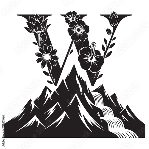 Artistic black and white illustration of the letter w formed by mountains and tropical flowers with waterfall detail