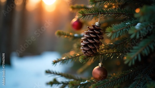 Cozy winter scene with a pine cone and festive baubles adorning a frosted evergreen branch at sunset