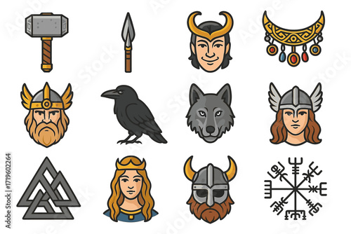 Viking symbols and figures: norse mythology icons and characters illustrated