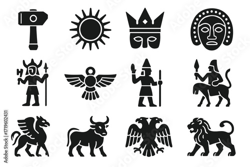 Ancient mythical symbols: hammer, sun, mask, griffin, lion, centaur
