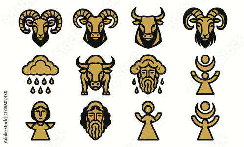 Zodiac symbols and ancient iconography featuring rams, bulls, gods, and human figures