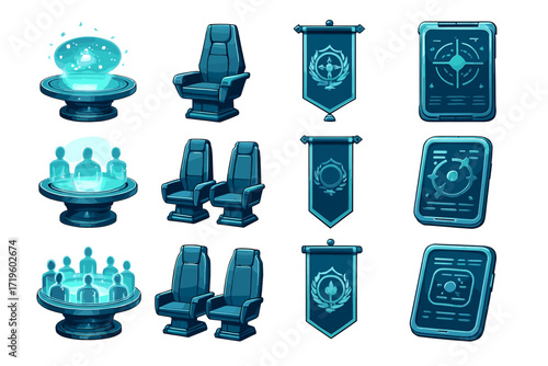 Futuristic spaceship interior elements - holograms, chairs, banners, control panels