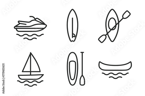 Collection of boat and water sports icons: jet ski, surfboard, canoe, sailboat