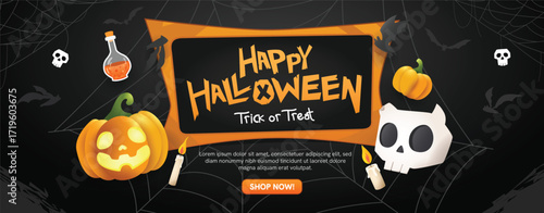 Halloween Banner with Pumpkin, Skull, and Spooky Elements. Perfect for seasonal promotions, party invitations, and festive advertising.
