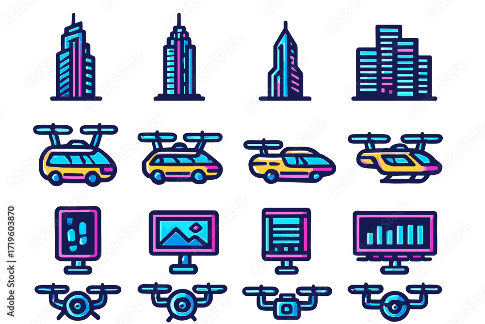 Naklejka premium Modern icons collection: buildings, cars, computers, drones in a minimalist design