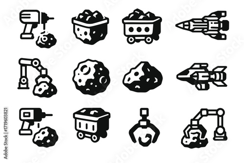 Asteroid mining icons: tools, equipment, and spacecraft illustrations