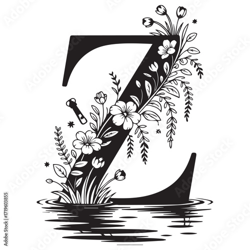 Elegant black and white illustration of the letter z adorned with delicate floral arrangements and reflected in water