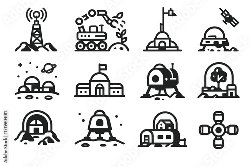 Space exploration icons: antenna, rover, base, satellite, dome, rocket, observatory, habitat, satellite