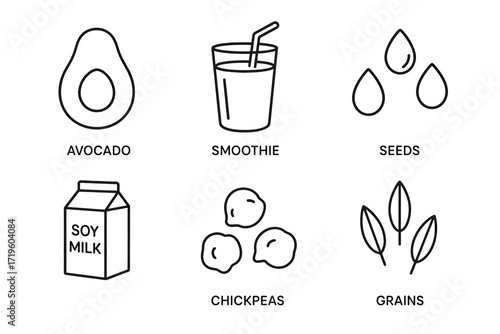 Avocado, smoothie, seeds, soy milk, chickpeas, and grains icons set