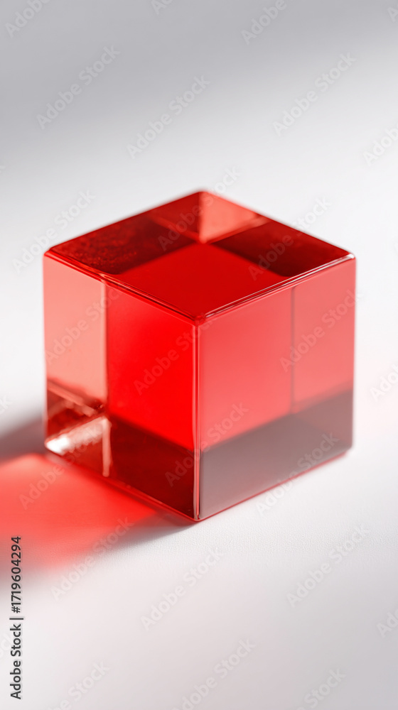 Fototapeta premium Minimalist red glass cube casting soft reflection