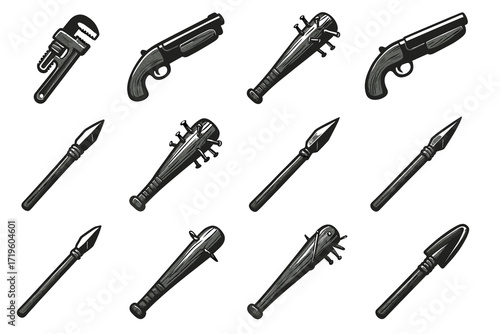 Collection of handheld weapons and tools with wrench, shotgun, maces, and spears