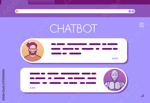 Chatbot Online Service. An illustration featuring a page of an online platform where users can interact with machine learning technologies via a web application, typically referred to as a chatbot.