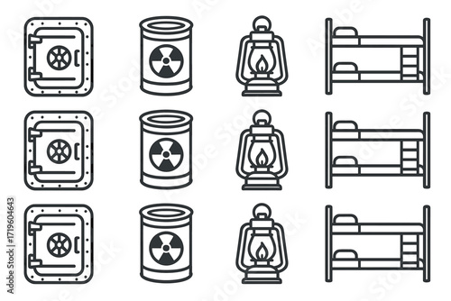 Vector icons of safe vaults, radioactive barrels, lanterns, and bunk beds