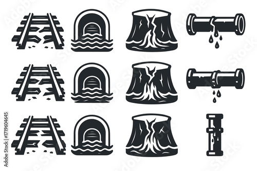 Railroad tracks, tunnel, tree stump, and leaky pipes icons collection