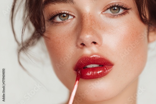 Close-up of a beautiful woman applying vibrant red lip gloss for a fresh, radiant look.