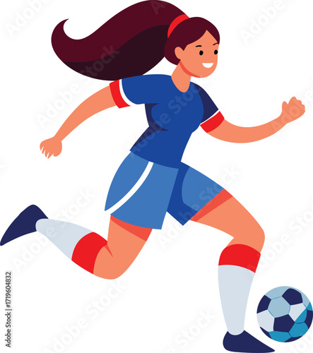 Energetic young woman playing soccer with determination and skill in a blue and white uniform on a white background