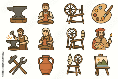 Medieval craftwork: blacksmithing, pottery, spinning, painting - illustrated elements