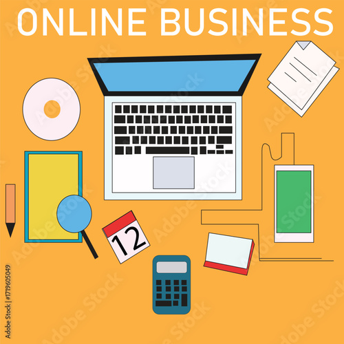 Workplace and Online Business Flat Design Vector Illustration