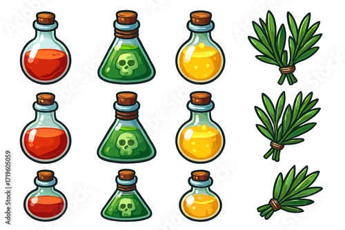 Cartoon potions and herbs collection: red, green, yellow vials and herbal bundles