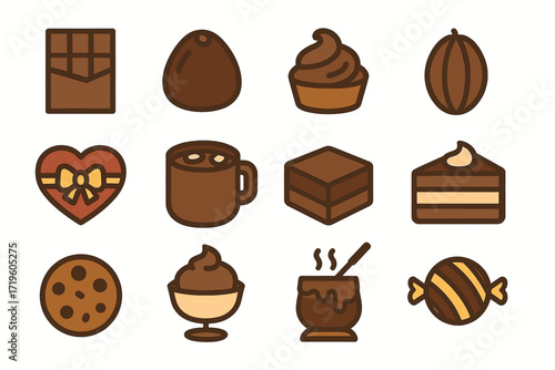 Assorted chocolate icons: cake, candy, cookie, hot drink, heart, truffle designs