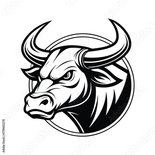 Fierce bull head emblem in circle symbolizing strength power and determination for sports teams and brands