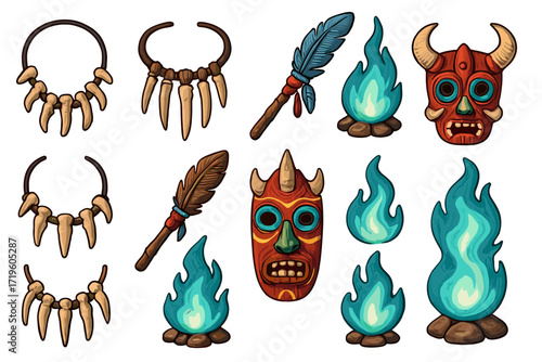 Tribal masks and elements: colorful masks, bones, feathers, and flames