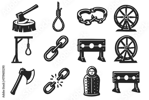 Historical torture devices illustrations: axes, wheels, shackles, chains, stocks