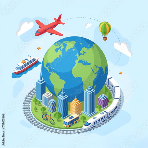 Isometric Global Travel Vector with Airplane, Ship, and Train
