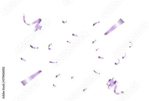 Scattered purple confetti streamers isolated on white background, perfect for celebrations and party decorations