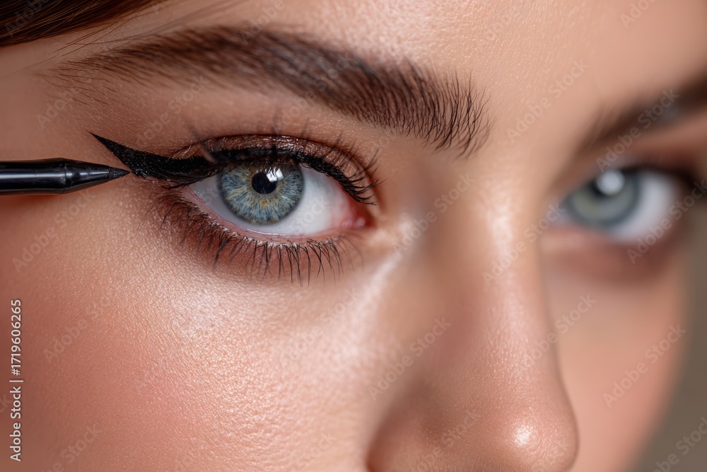 Obraz premium Close-up of a woman applying black winged eyeliner to her beautiful eye, creating a dramatic look.