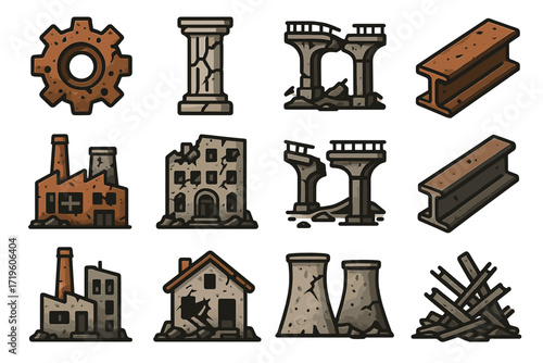 Collection of industrial and architectural ruins icons in various stages of decay