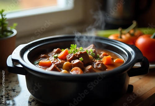Hearty slow cooker beef stew with tender meat and vegetables, steaming hot and perfectly seasoned for a comforting meal.