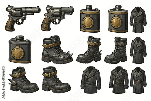 Set of vintage guns, flasks, boots, and coats with steampunk design elements