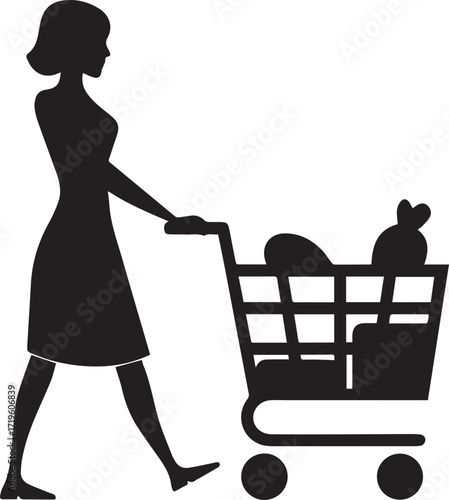Woman pushing shopping cart filled with items silhouette vector, black and white silhouette vector illustration