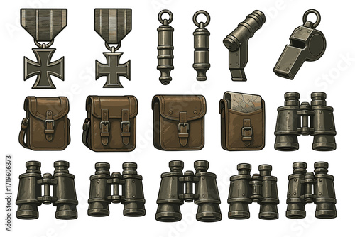 Collection of vintage military accessories and binoculars in brown tones
